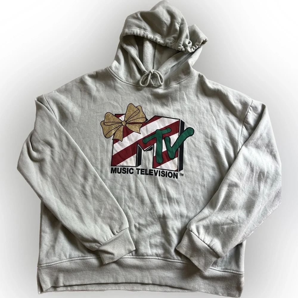 MTV Light Sage Green Holiday Hoodie Sweatshirt Christmas Women’s Medium